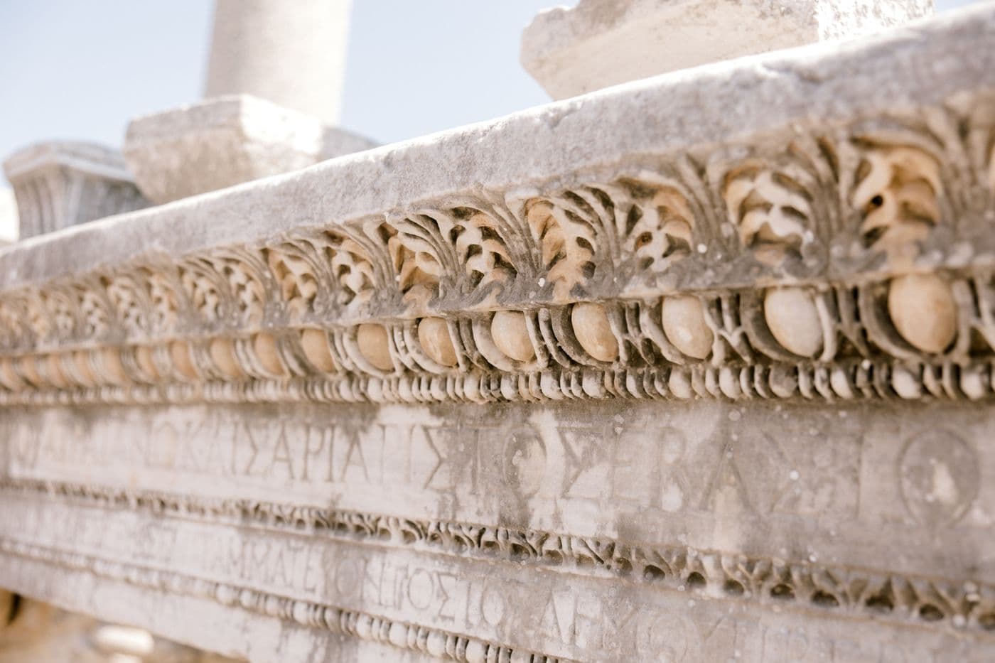 Detail of a carved marble frieze on an ancient temple
